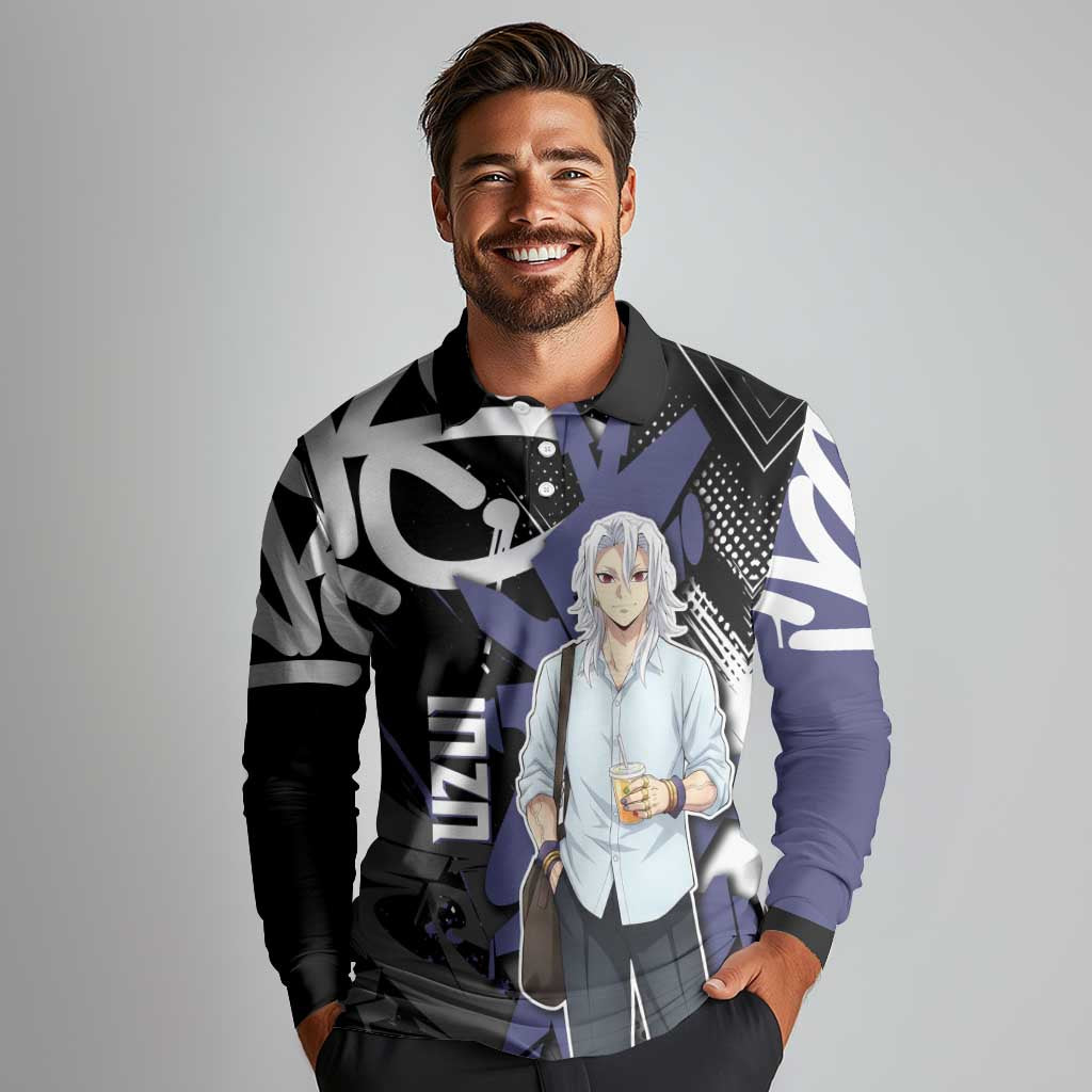 Uzui Tengen Demon Slayer Long Sleeve Polo Shirt Purple & Black Graffiti Anime