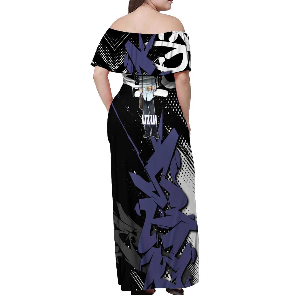 Uzui Tengen Demon Slayer Off Shoulder Maxi Dress Purple & Black Graffiti Anime
