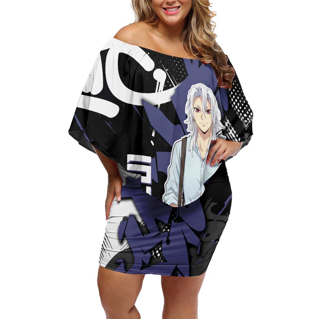 Uzui Tengen Demon Slayer Off Shoulder Short Dress Purple & Black Graffiti Anime