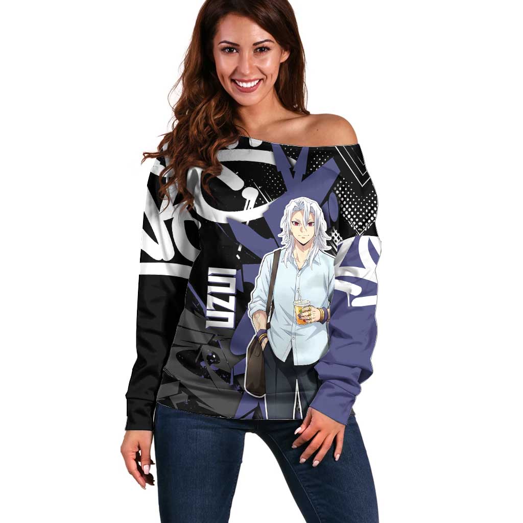 Uzui Tengen Demon Slayer Off Shoulder Sweater Purple & Black Graffiti Anime