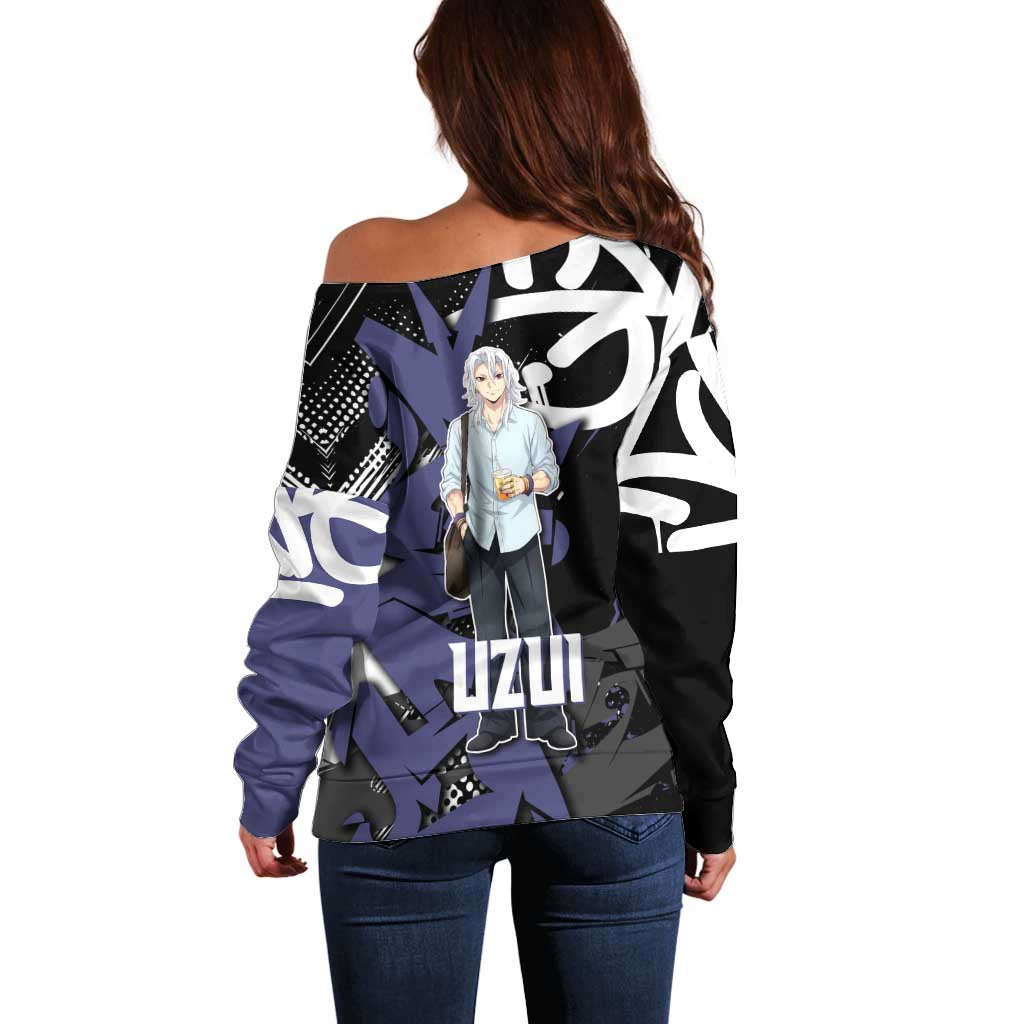 Uzui Tengen Demon Slayer Off Shoulder Sweater Purple & Black Graffiti Anime