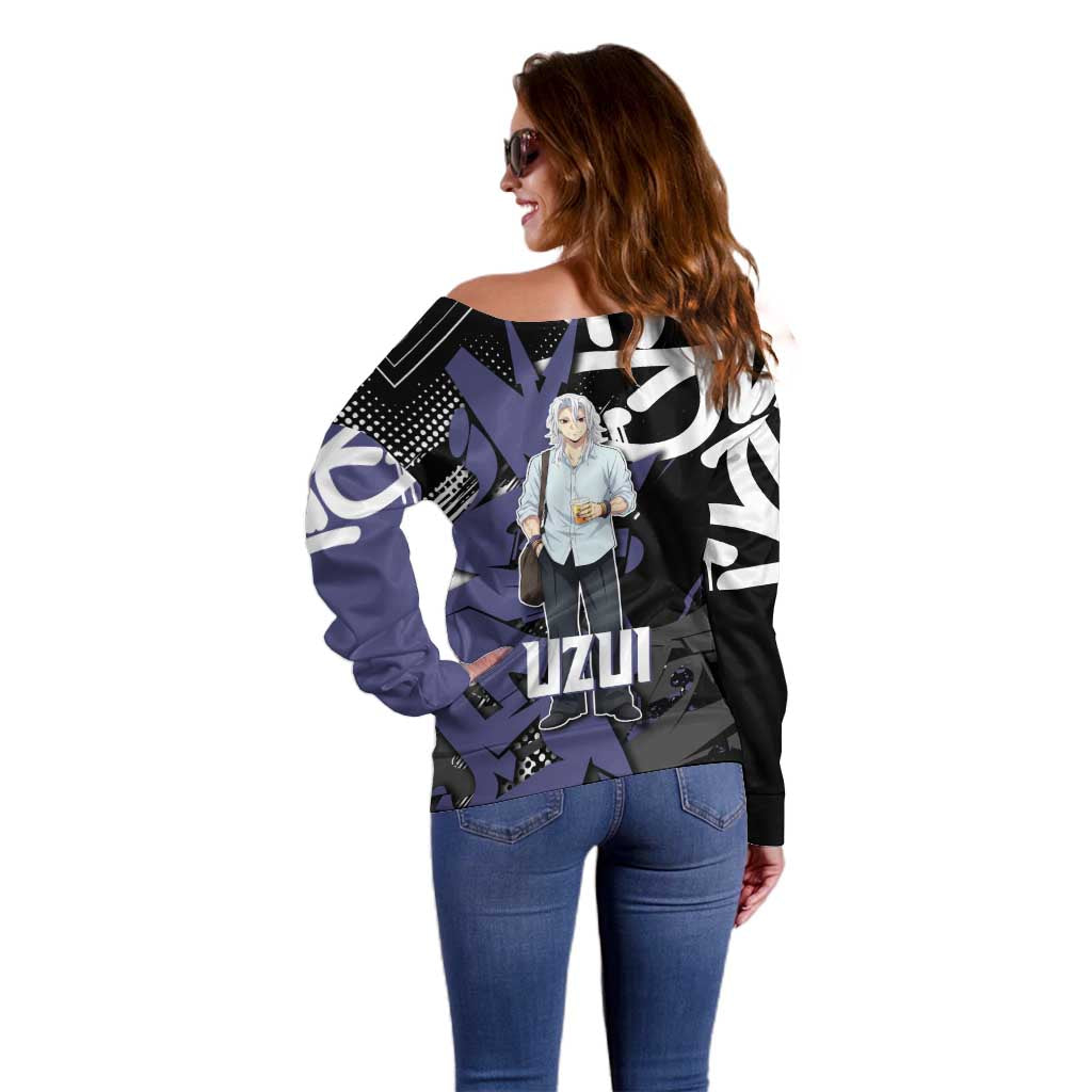 Uzui Tengen Demon Slayer Off Shoulder Sweater Purple & Black Graffiti Anime