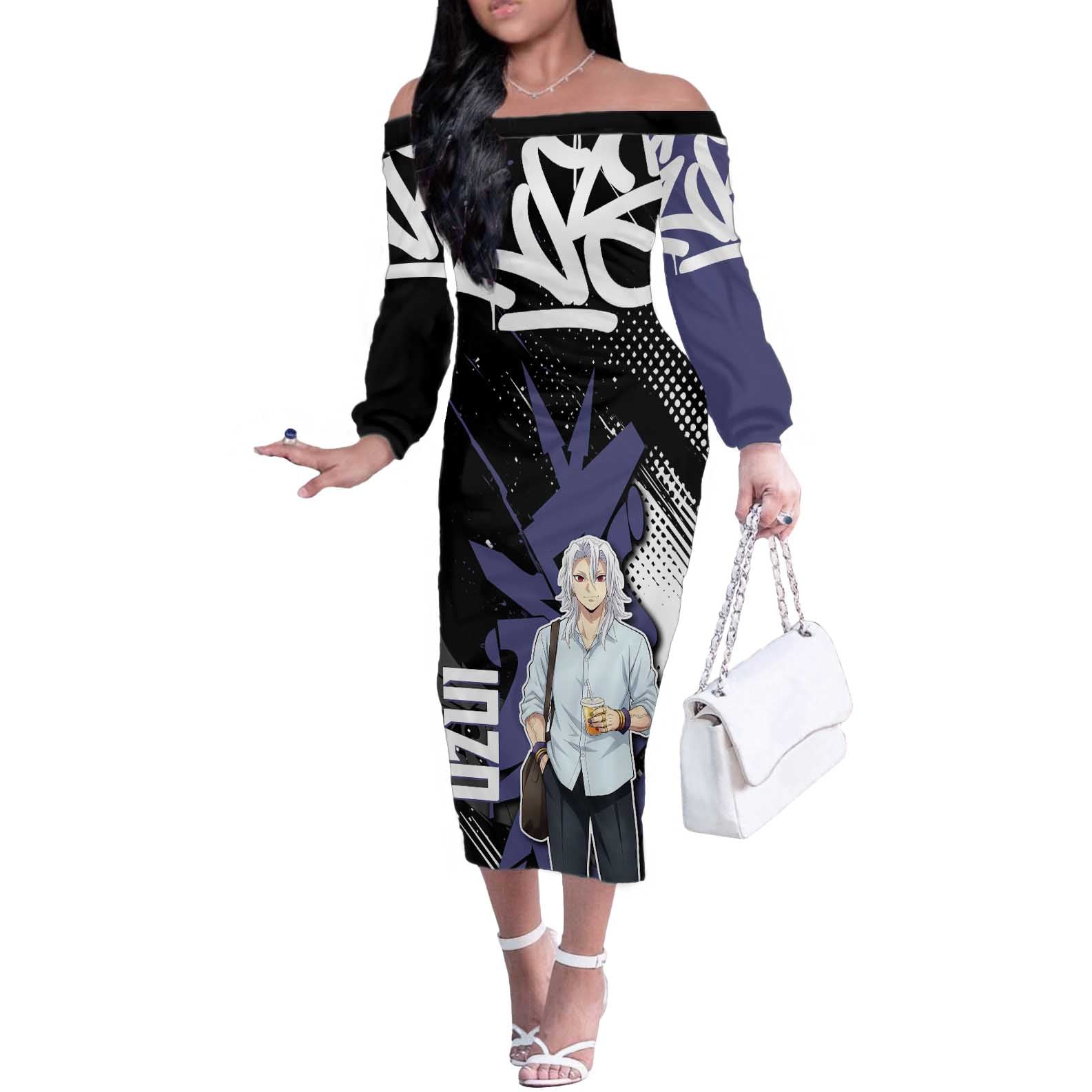 Uzui Tengen Demon Slayer Off The Shoulder Long Sleeve Dress Purple & Black Graffiti Anime