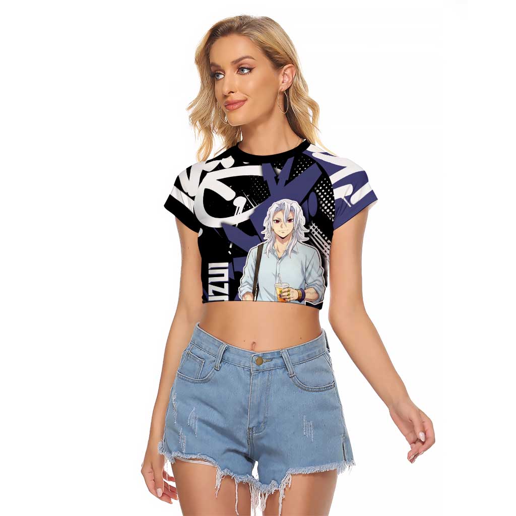 Uzui Tengen Demon Slayer Raglan Cropped T Shirt Purple & Black Graffiti Anime
