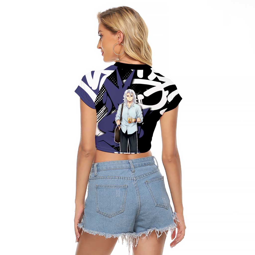 Uzui Tengen Demon Slayer Raglan Cropped T Shirt Purple & Black Graffiti Anime