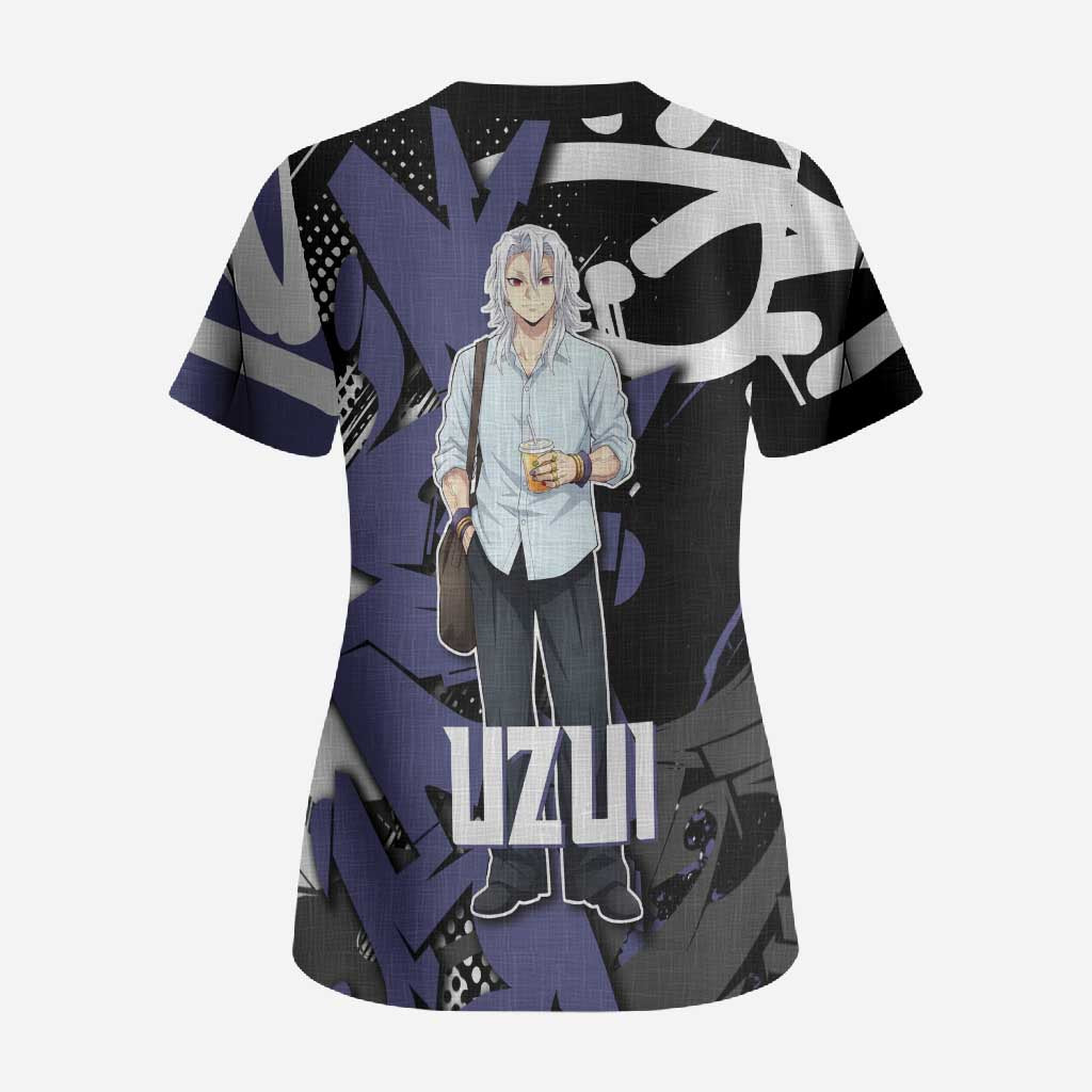 Uzui Tengen Demon Slayer Scrub Top Purple & Black Graffiti Anime