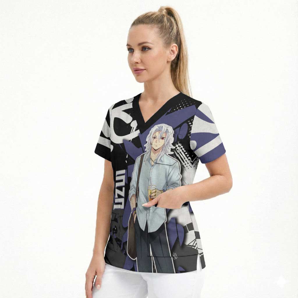 Uzui Tengen Demon Slayer Scrub Top Purple & Black Graffiti Anime