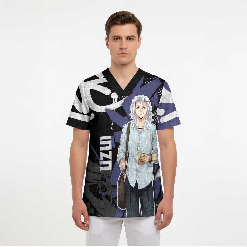 Uzui Tengen Demon Slayer Scrub Top Purple & Black Graffiti Anime