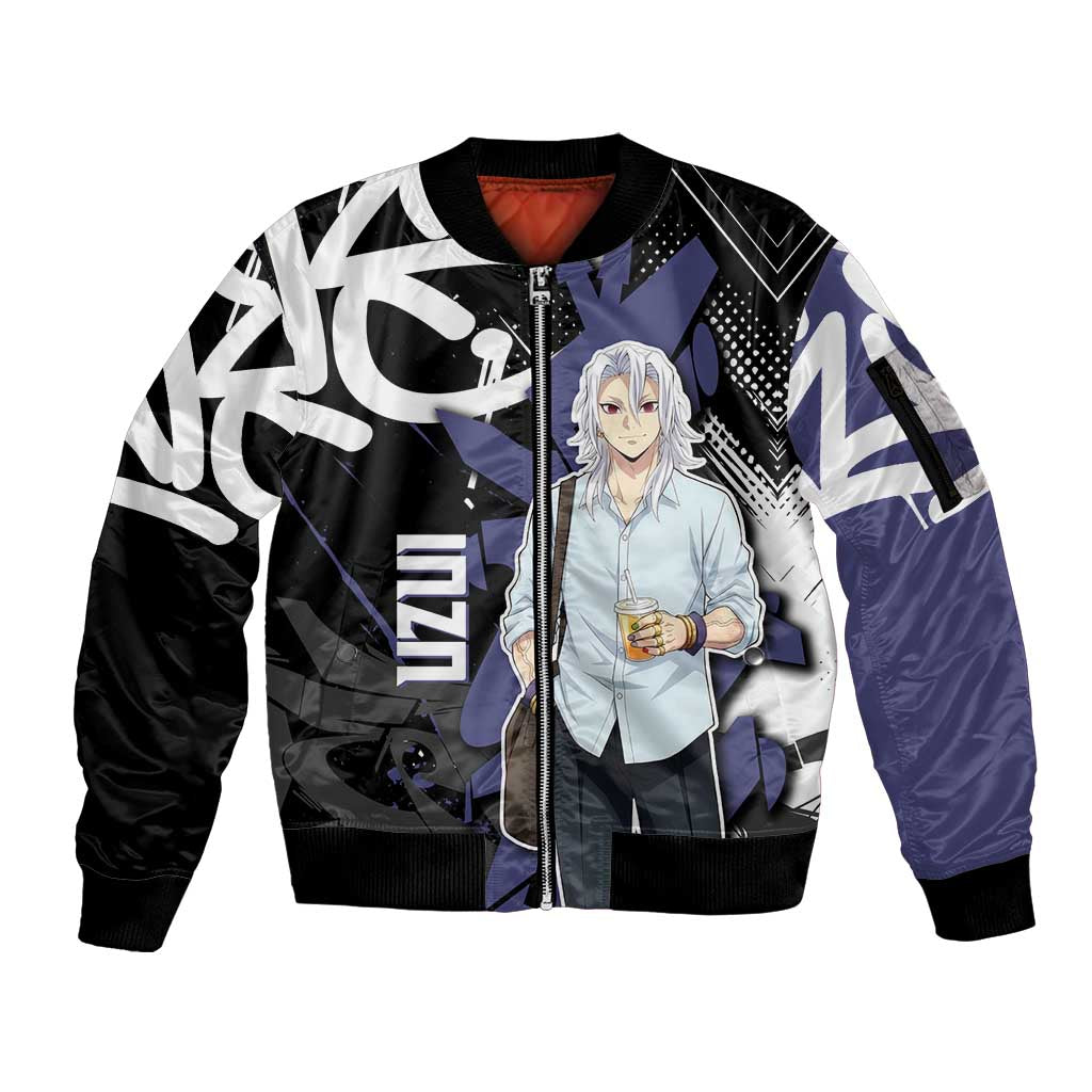 Uzui Tengen Demon Slayer Sleeve Zip Bomber Jacket Purple & Black Graffiti Anime