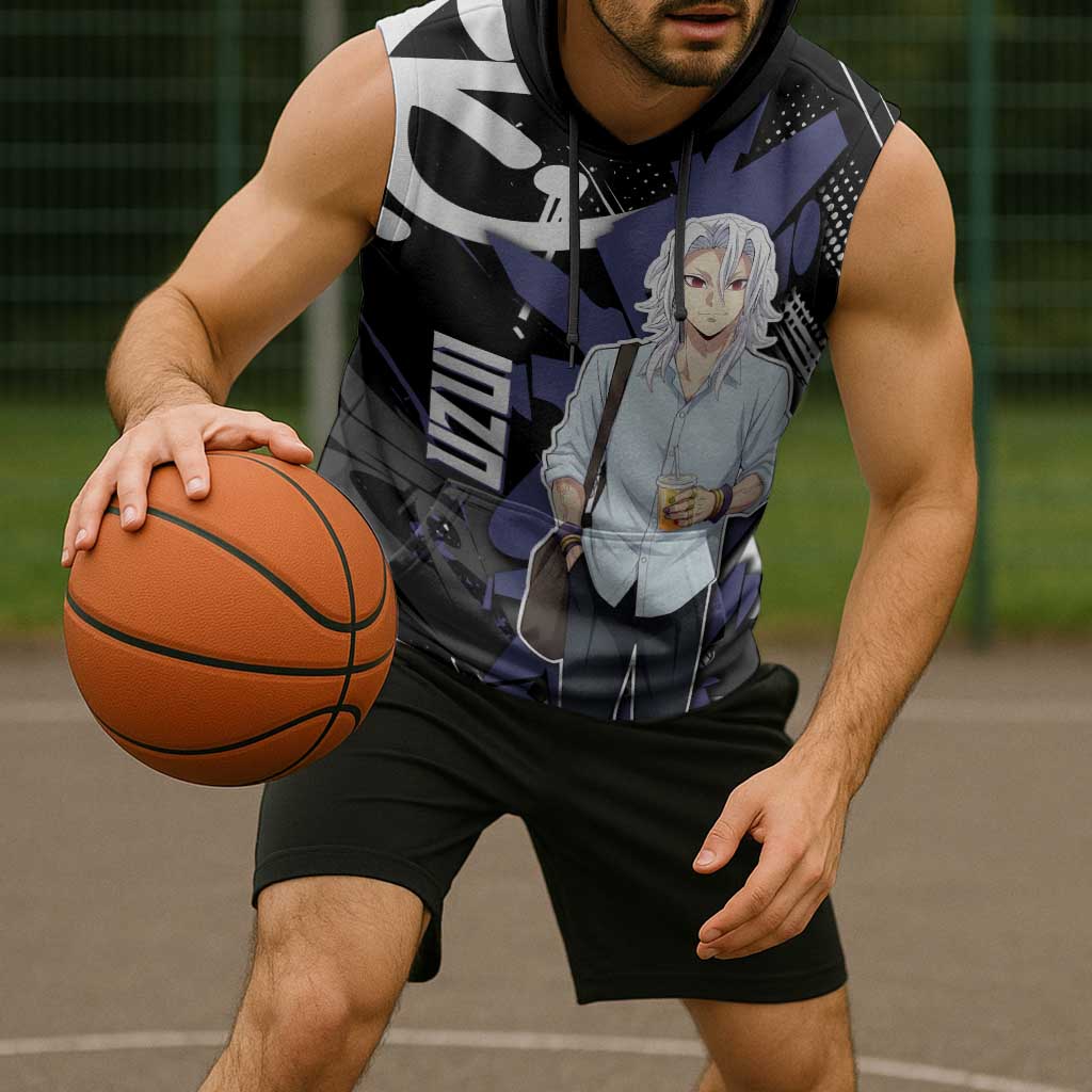 Uzui Tengen Demon Slayer Sleeveless Hoodie Purple & Black Graffiti Anime