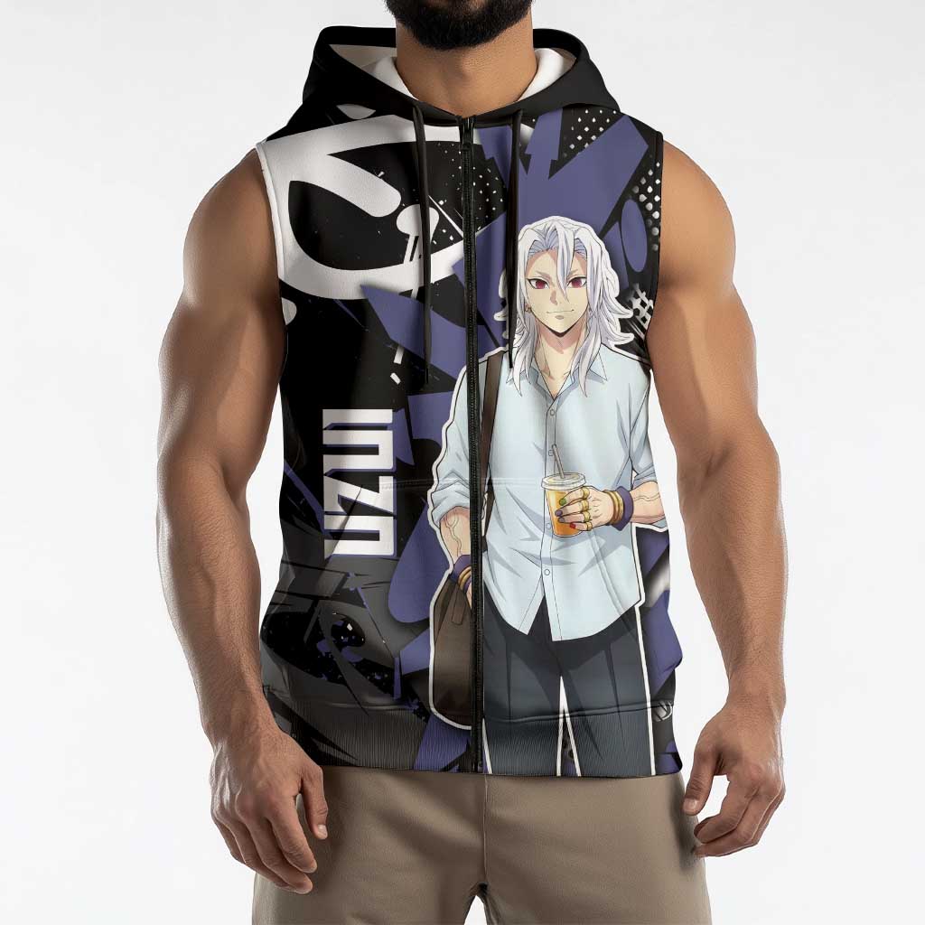 Uzui Tengen Demon Slayer Sleeveless Zip Hoodie Purple & Black Graffiti Anime