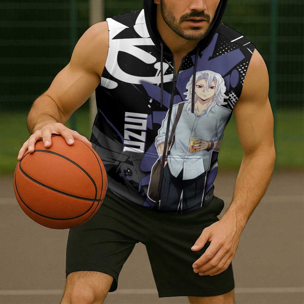 Uzui Tengen Demon Slayer Sleeveless Zip Hoodie Purple & Black Graffiti Anime