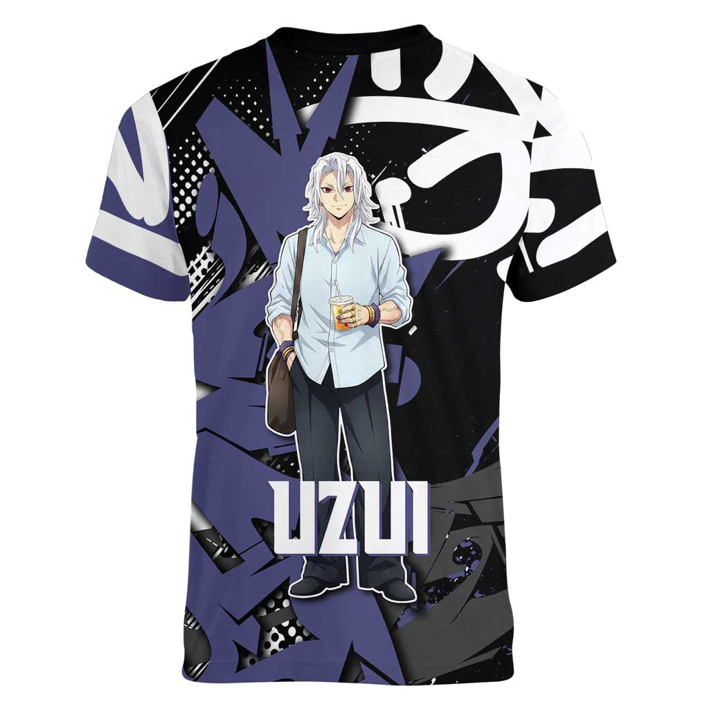 Uzui Tengen Demon Slayer Women V-Neck T-Shirt Purple & Black Graffiti Anime