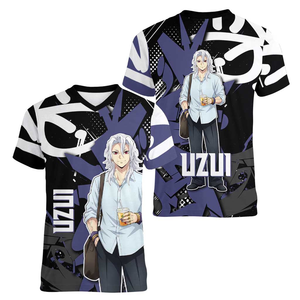 Uzui Tengen Demon Slayer Women V-Neck T-Shirt Purple & Black Graffiti Anime