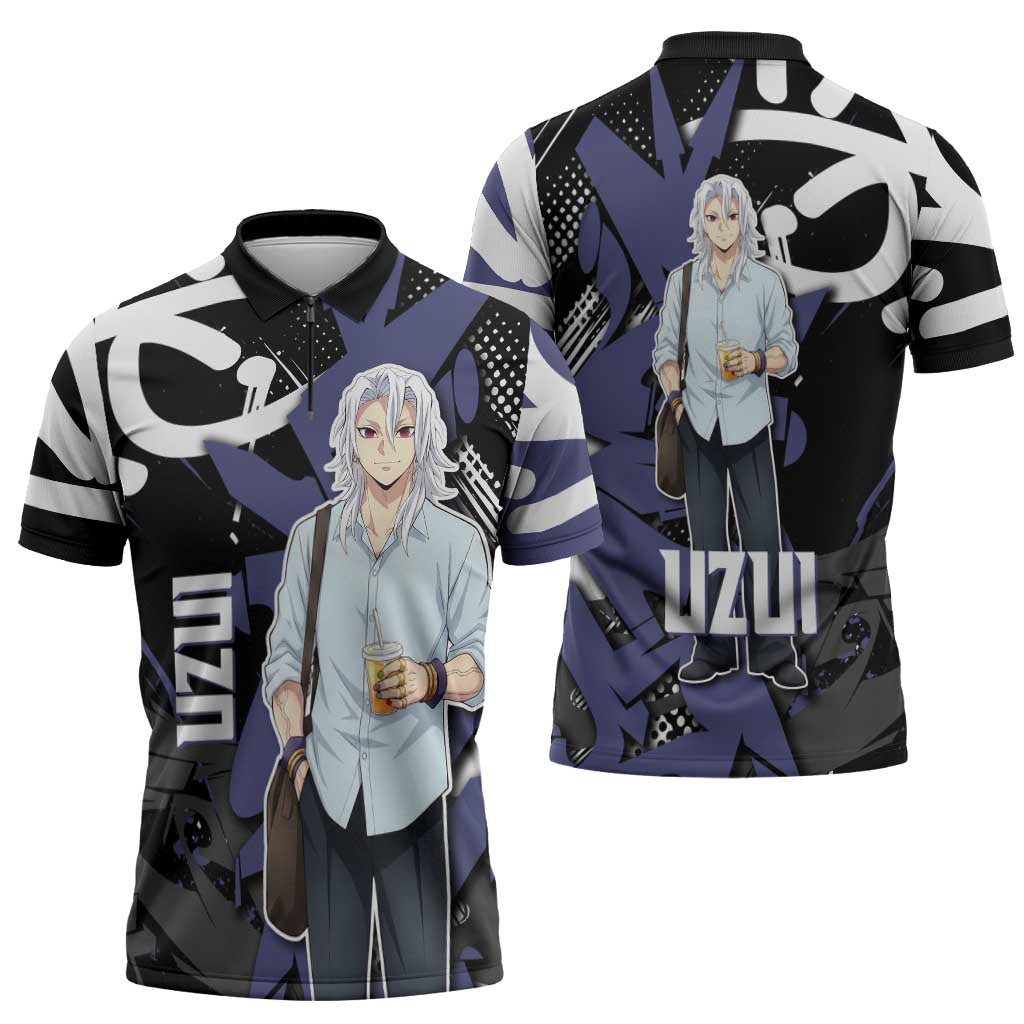 Uzui Tengen Demon Slayer Zipper Polo Shirt Purple & Black Graffiti Anime