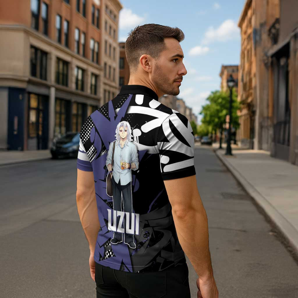 Uzui Tengen Demon Slayer Zipper Polo Shirt Purple & Black Graffiti Anime