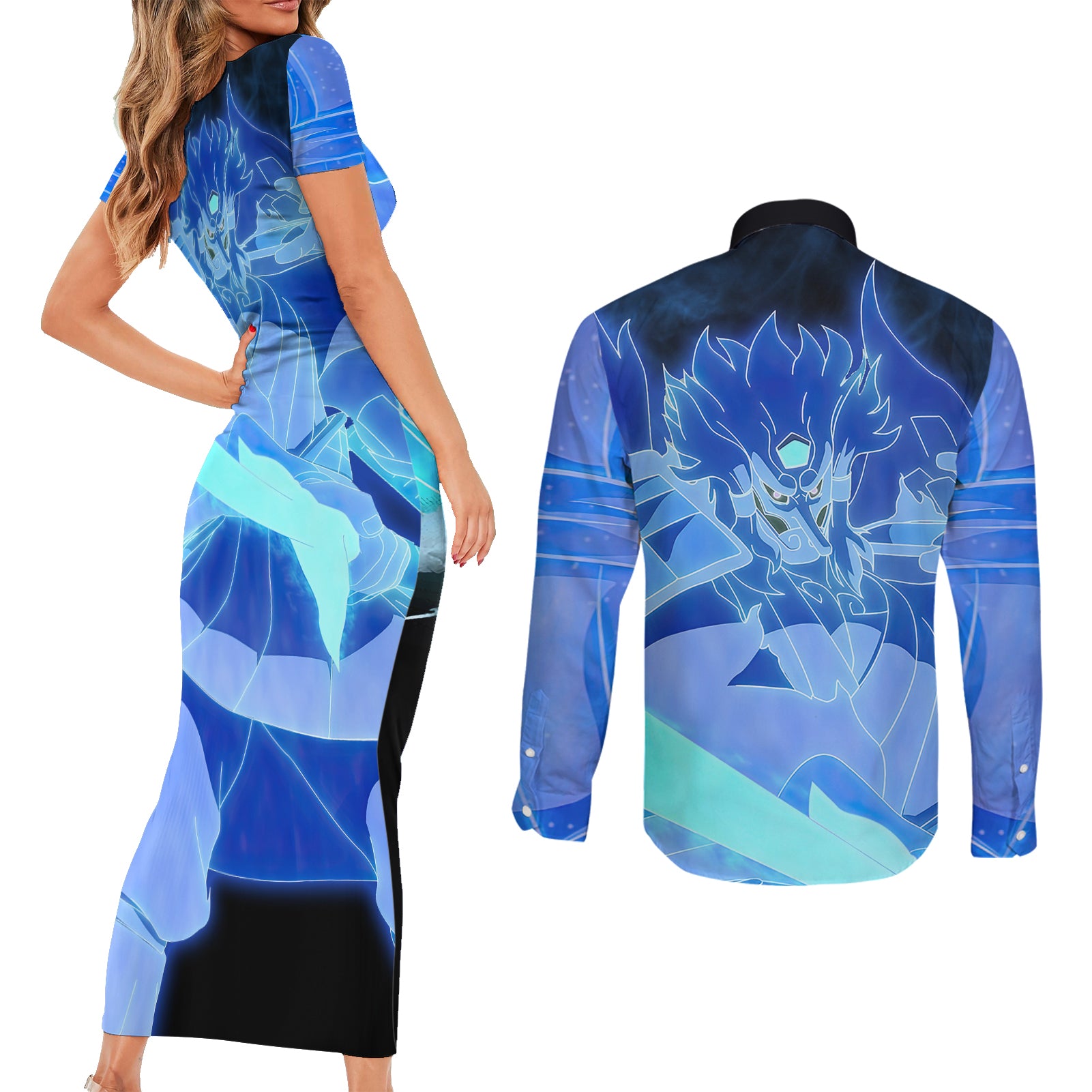 Madara Susanoo Couples Matching Short Sleeve Bodycon Dress and Long Sleeve Button Shirt Naruto