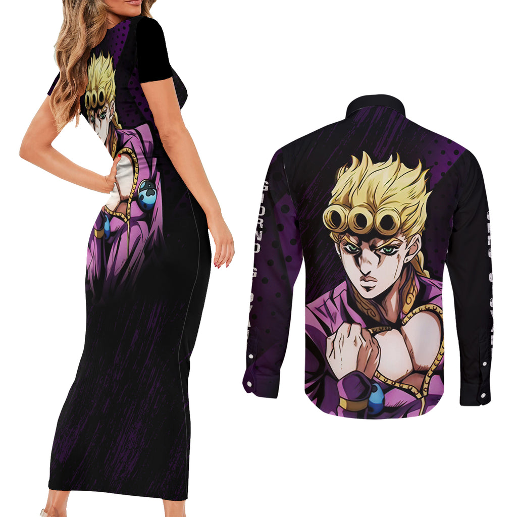 Giorno Giovanna Couples Matching Short Sleeve Bodycon Dress and Long Sleeve Button Shirt JJBAs Anime Style