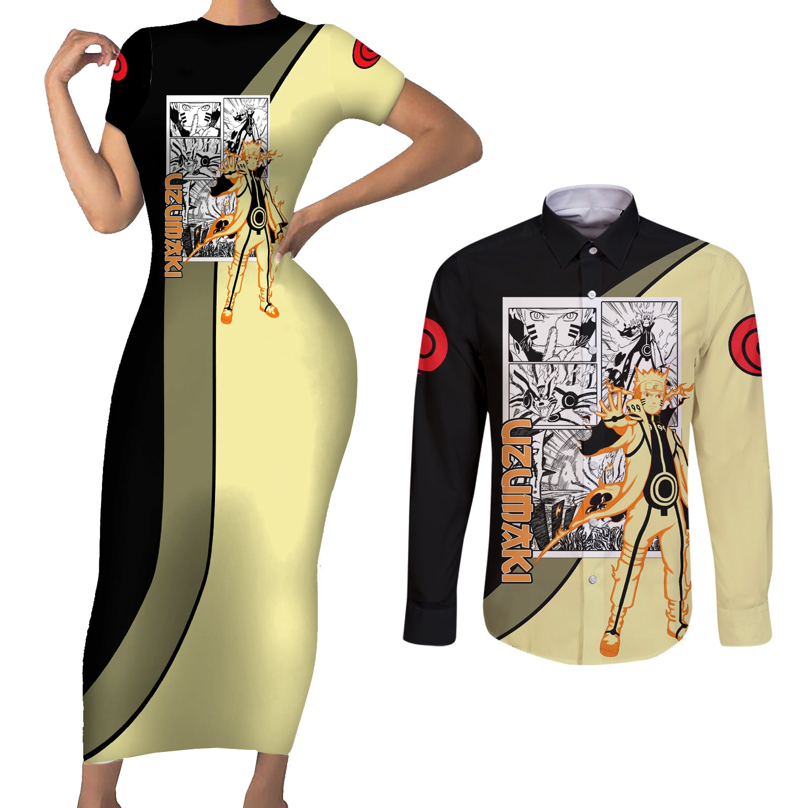 Nrt Uzumaki Bijuu - Naruto Couples Matching Short Sleeve Bodycon Dress and Long Sleeve Button Shirt Anime Mix Manga Style