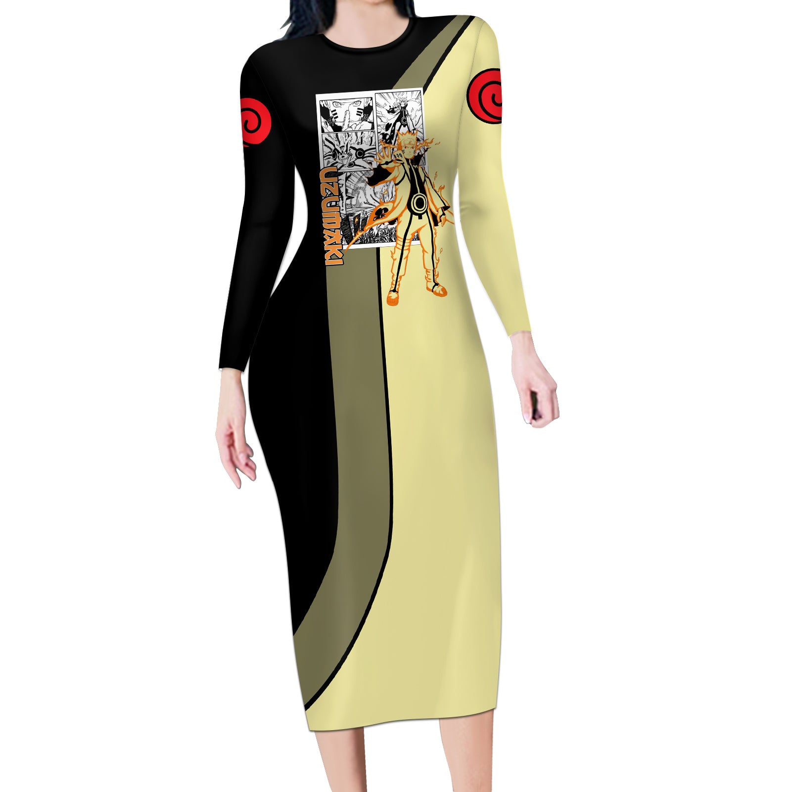 Nrt Uzumaki Bijuu - Naruto Long Sleeve Bodycon Dress Anime Mix Manga Style