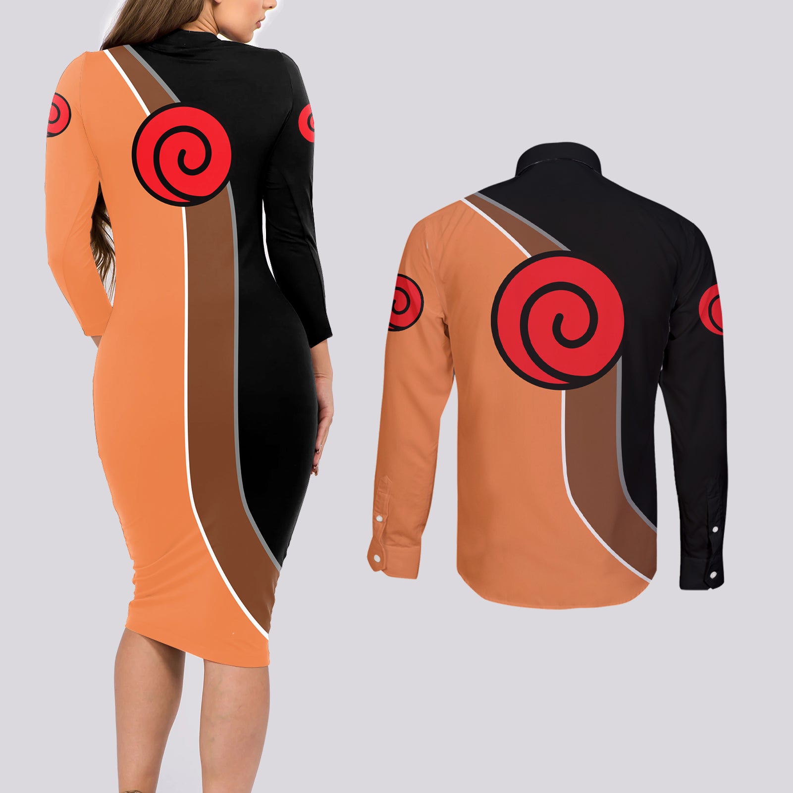 Nrt Uzumaki - Naruto Couples Matching Long Sleeve Bodycon Dress and Long Sleeve Button Shirt Anime Mix Manga Style