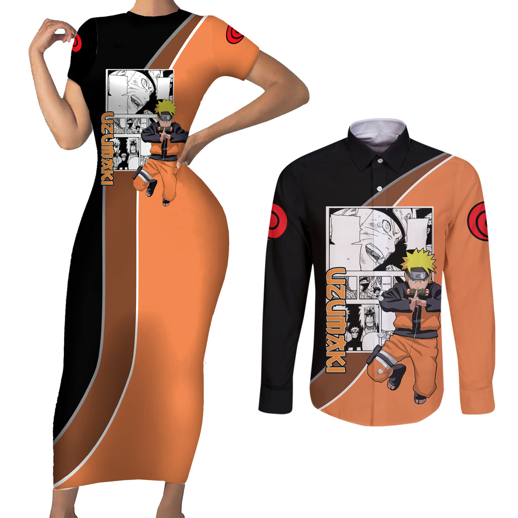 Nrt Uzumaki - Naruto Couples Matching Short Sleeve Bodycon Dress and Long Sleeve Button Shirt Anime Mix Manga Style