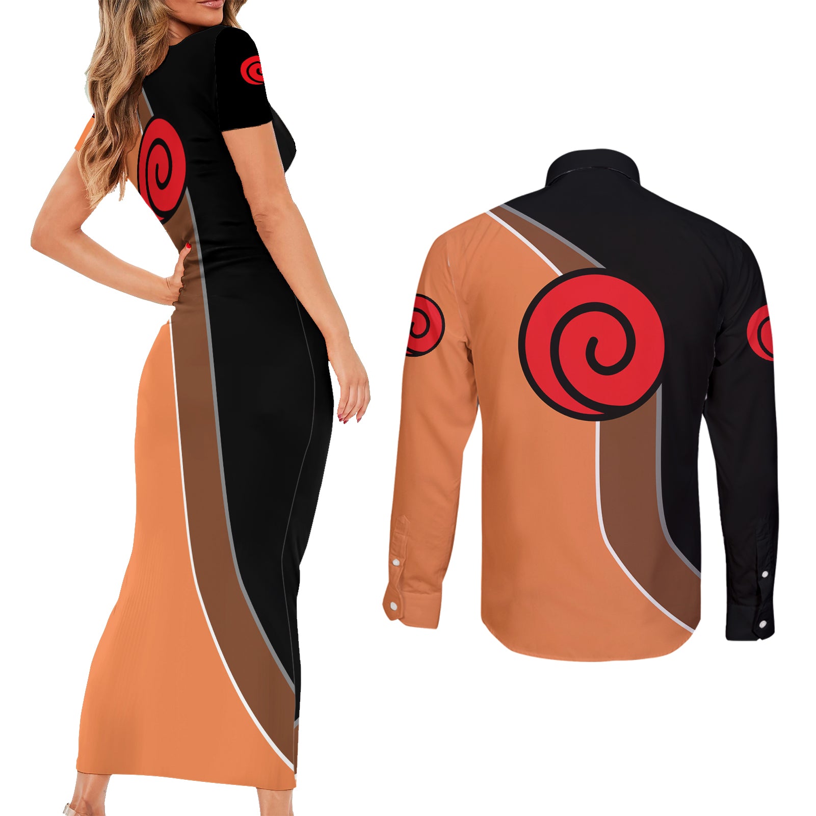 Nrt Uzumaki - Naruto Couples Matching Short Sleeve Bodycon Dress and Long Sleeve Button Shirt Anime Mix Manga Style
