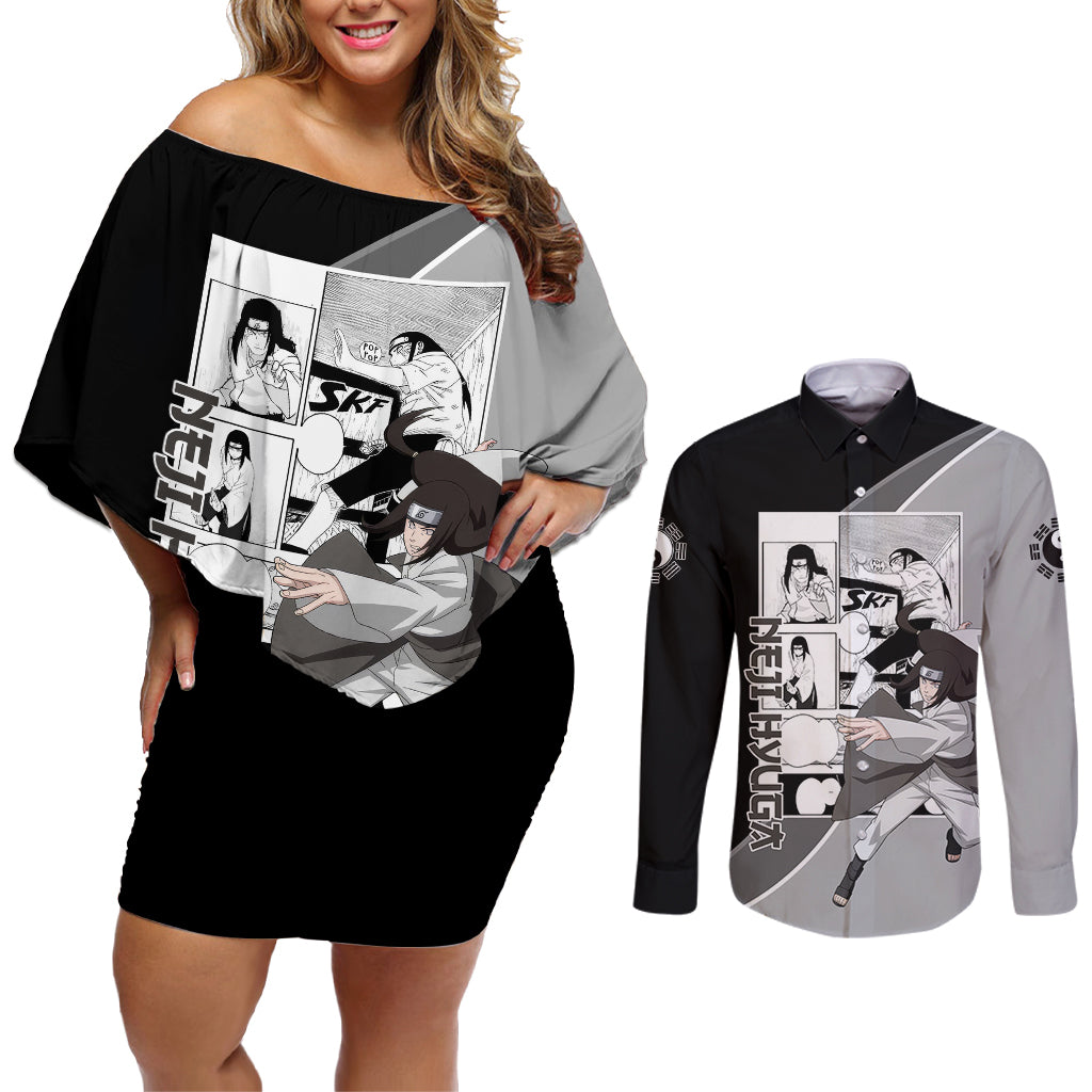 Neji Hyuga - Naruto Couples Matching Off Shoulder Short Dress and Long Sleeve Button Shirt Anime Mix Manga Style