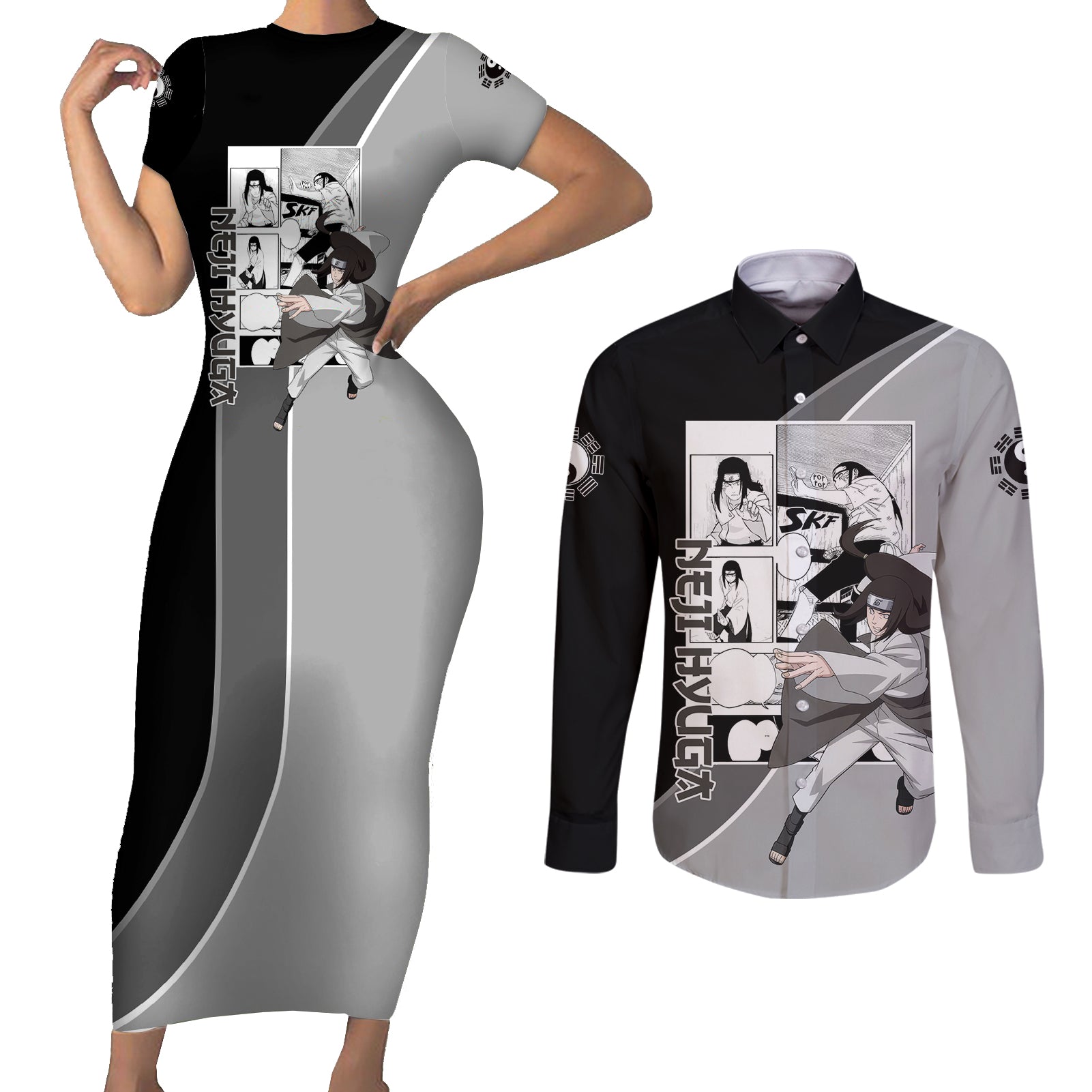 Neji Hyuga - Naruto Couples Matching Short Sleeve Bodycon Dress and Long Sleeve Button Shirt Anime Mix Manga Style