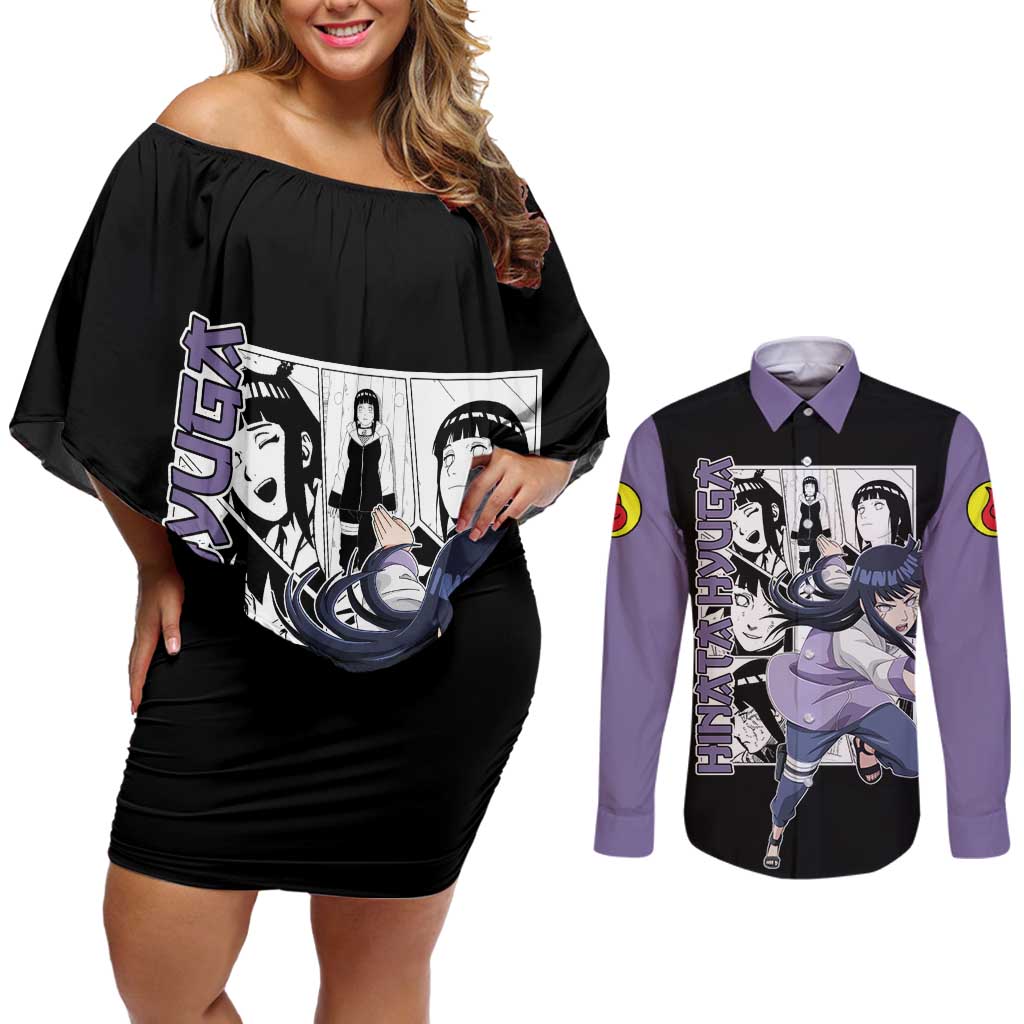Hinata Hyuga - Naruto Couples Matching Off Shoulder Short Dress and Long Sleeve Button Shirt Anime Mix Manga Style