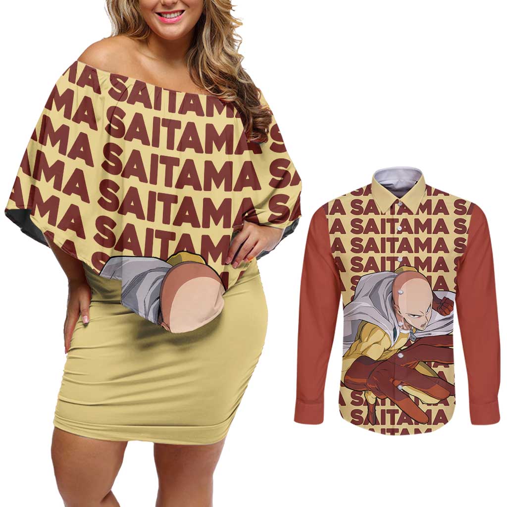 Saitama - One Punch Man Couples Matching Off Shoulder Short Dress and Long Sleeve Button Shirt Anime Text Pattern Style