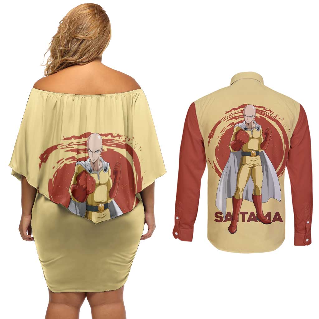 Saitama - One Punch Man Couples Matching Off Shoulder Short Dress and Long Sleeve Button Shirt Anime Text Pattern Style