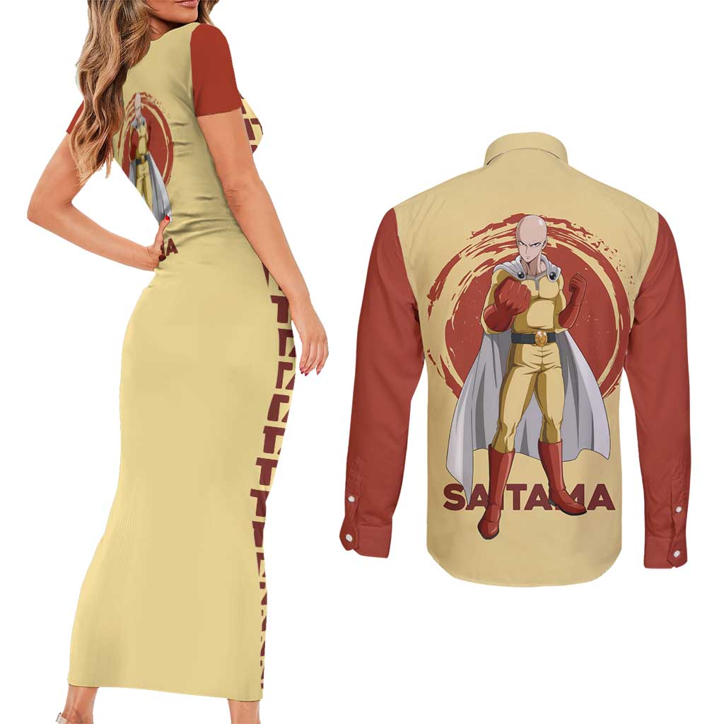 Saitama - One Punch Man Couples Matching Short Sleeve Bodycon Dress and Long Sleeve Button Shirt Anime Text Pattern Style