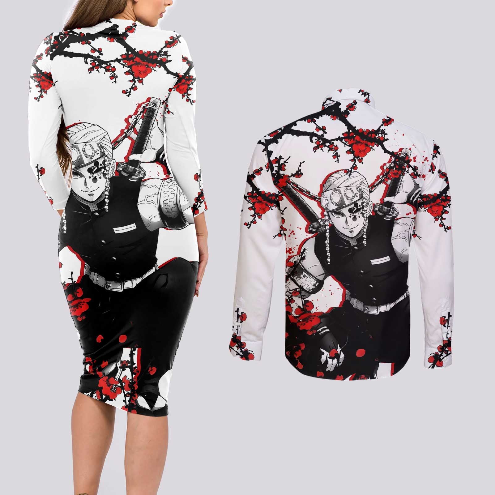 Tengen Uzui - Demon Slayer Couples Matching Long Sleeve Bodycon Dress and Long Sleeve Button Shirt Anime Japan Style