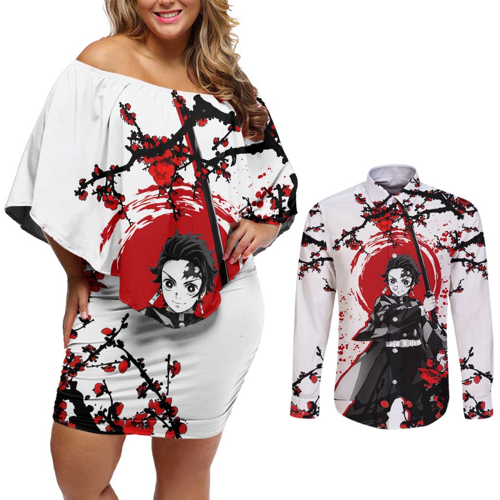Zenitsu Agatsuma - Demon Slayer Couples Matching Off Shoulder Short Dress and Long Sleeve Button Shirt Anime Text Pattern Style