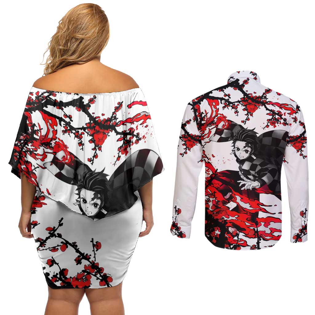 Zenitsu Agatsuma - Demon Slayer Couples Matching Off Shoulder Short Dress and Long Sleeve Button Shirt Anime Text Pattern Style