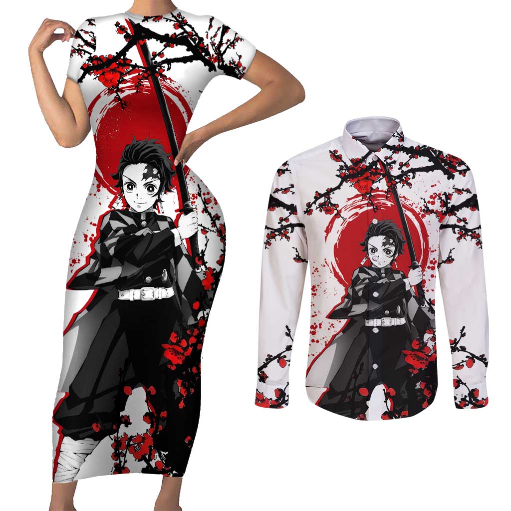 Zenitsu Agatsuma - Demon Slayer Couples Matching Short Sleeve Bodycon Dress and Long Sleeve Button Shirt Anime Text Pattern Style