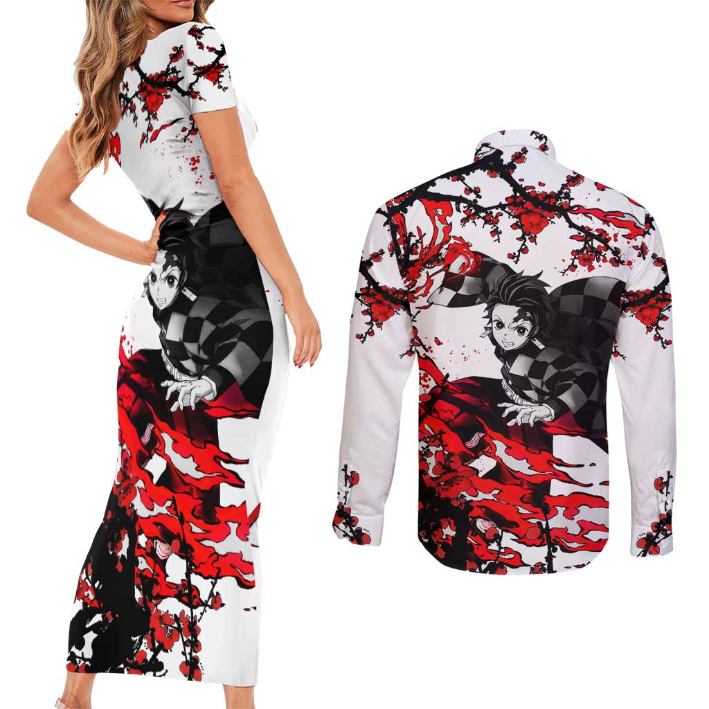 Zenitsu Agatsuma - Demon Slayer Couples Matching Short Sleeve Bodycon Dress and Long Sleeve Button Shirt Anime Text Pattern Style