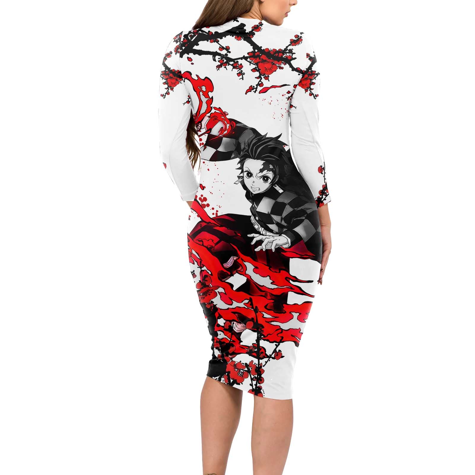 Zenitsu Agatsuma - Demon Slayer Long Sleeve Bodycon Dress Anime Text Pattern Style