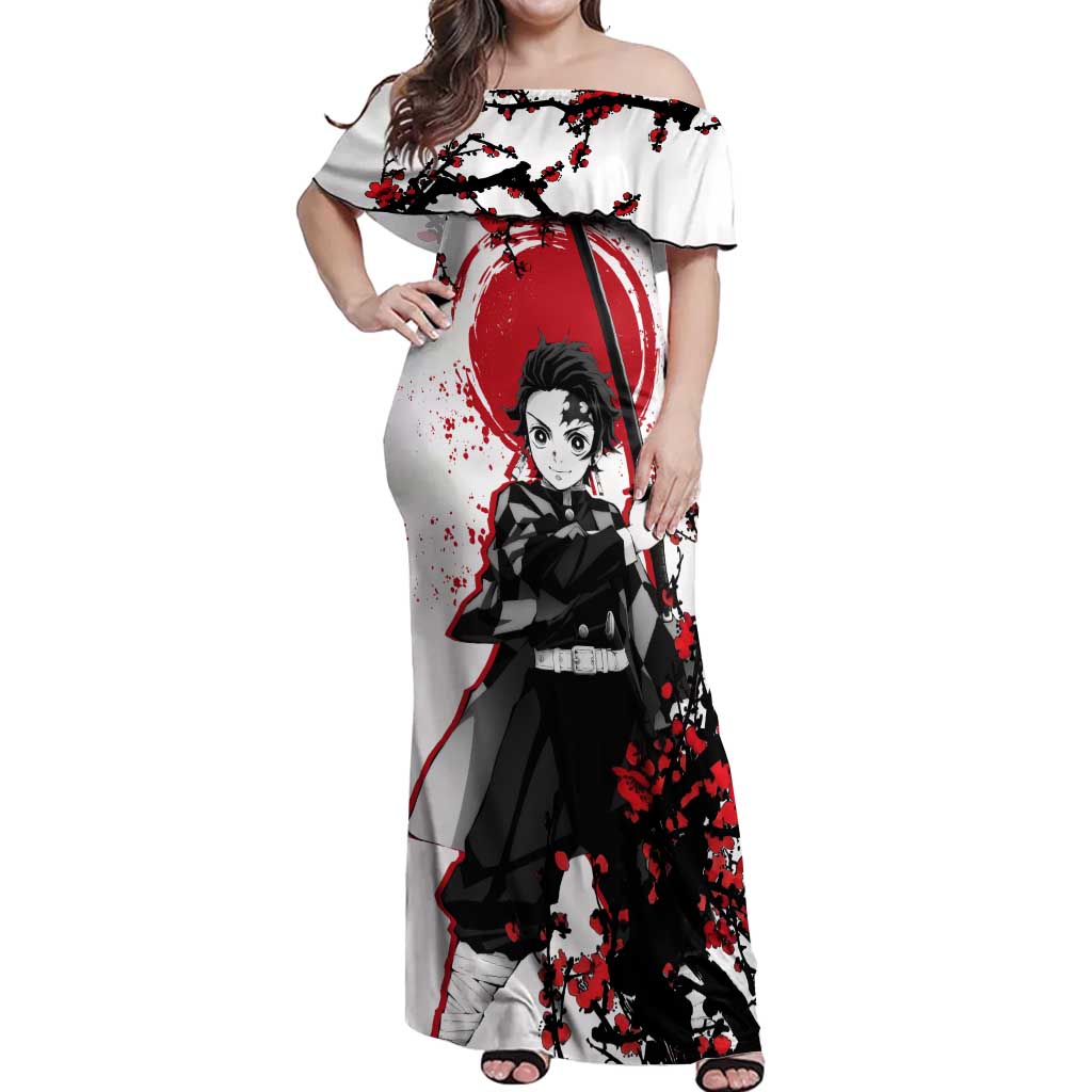 Zenitsu Agatsuma - Demon Slayer Off Shoulder Maxi Dress Anime Text Pattern Style