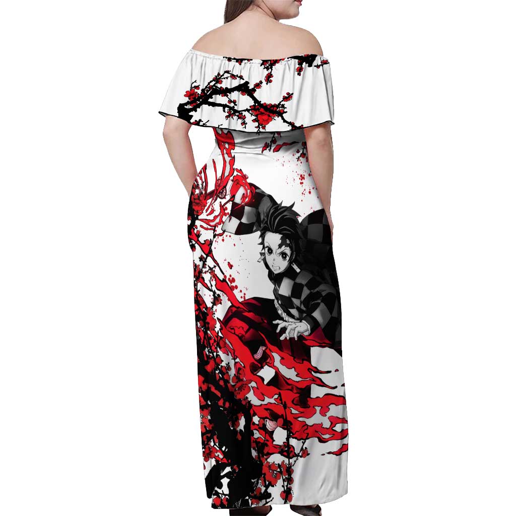 Zenitsu Agatsuma - Demon Slayer Off Shoulder Maxi Dress Anime Text Pattern Style