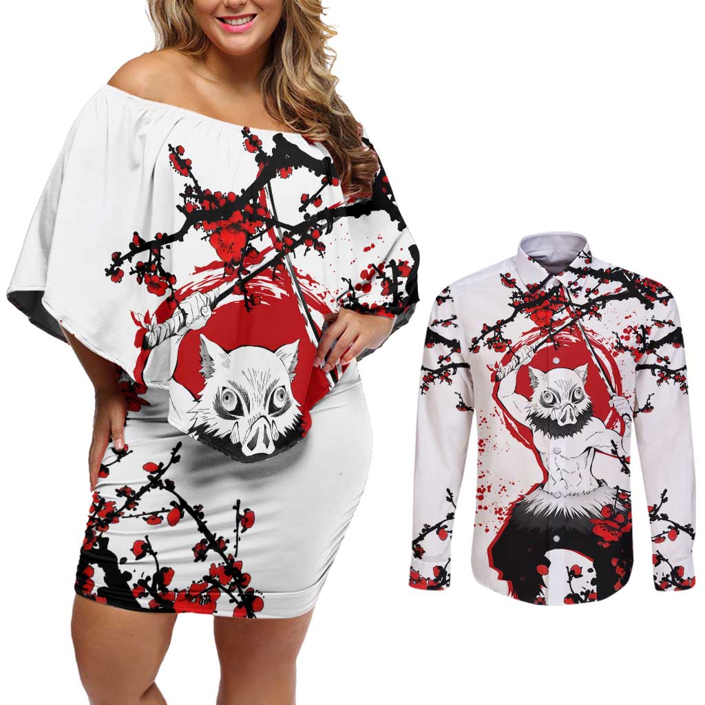 Inosuke Hashibira - Demon Slayer Couples Matching Off Shoulder Short Dress and Long Sleeve Button Shirt Anime Japan Style