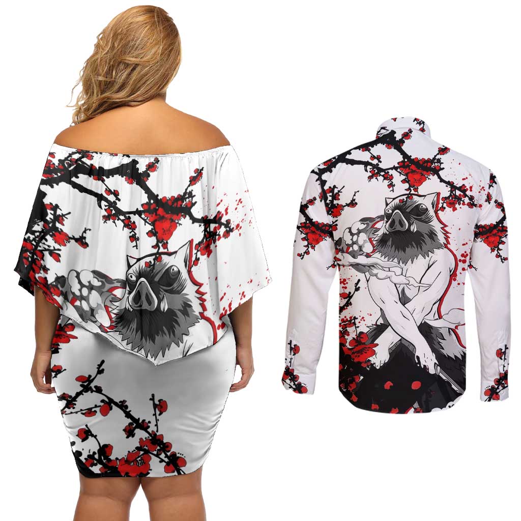 Inosuke Hashibira - Demon Slayer Couples Matching Off Shoulder Short Dress and Long Sleeve Button Shirt Anime Japan Style