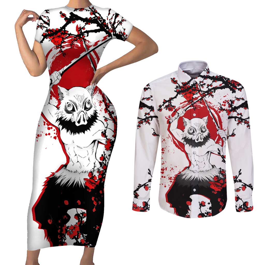 Inosuke Hashibira - Demon Slayer Couples Matching Short Sleeve Bodycon Dress and Long Sleeve Button Shirt Anime Japan Style