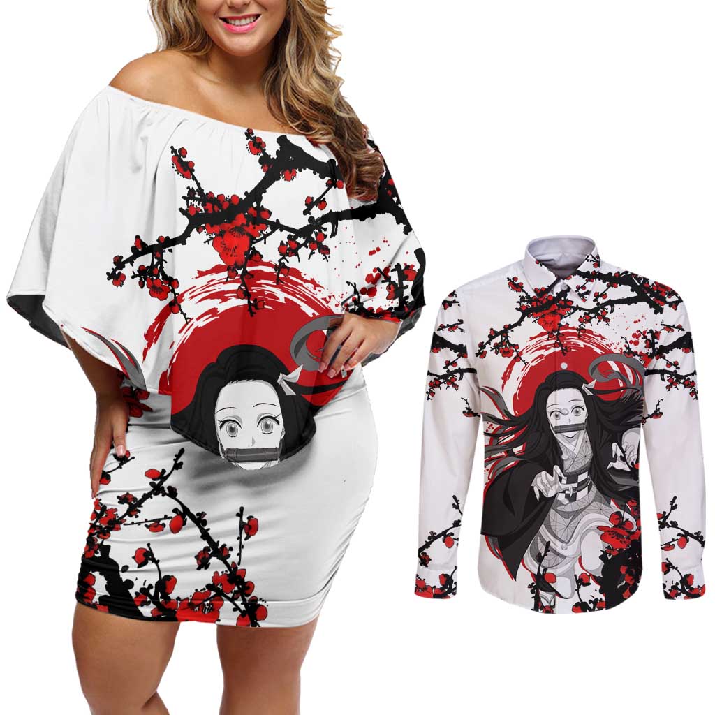Nezuko Kamado - Demon Slayer Couples Matching Off Shoulder Short Dress and Long Sleeve Button Shirt Anime Japan Style