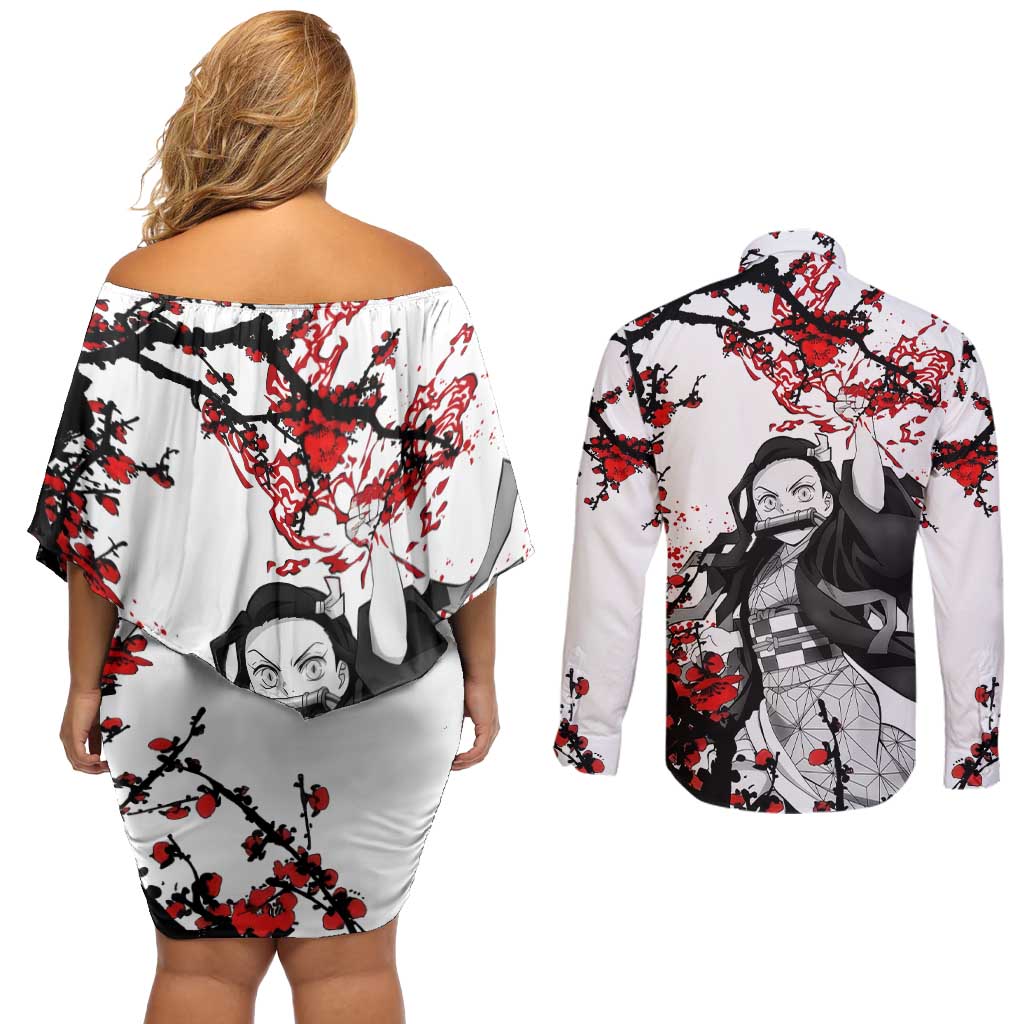 Nezuko Kamado - Demon Slayer Couples Matching Off Shoulder Short Dress and Long Sleeve Button Shirt Anime Japan Style