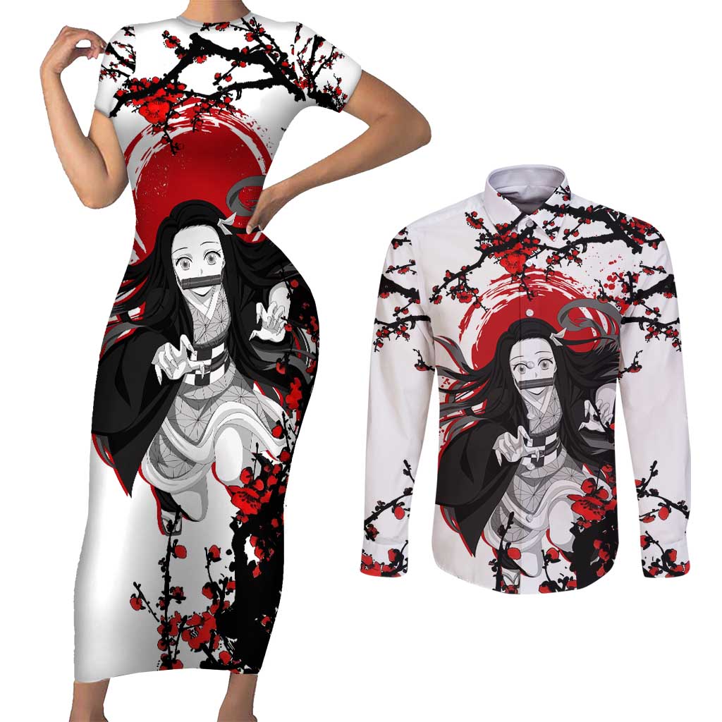 Nezuko Kamado - Demon Slayer Couples Matching Short Sleeve Bodycon Dress and Long Sleeve Button Shirt Anime Japan Style