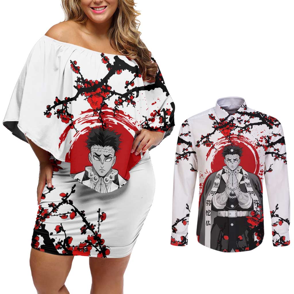 Gyomei Himejima - Demon Slayer Couples Matching Off Shoulder Short Dress and Long Sleeve Button Shirt Anime Japan Style