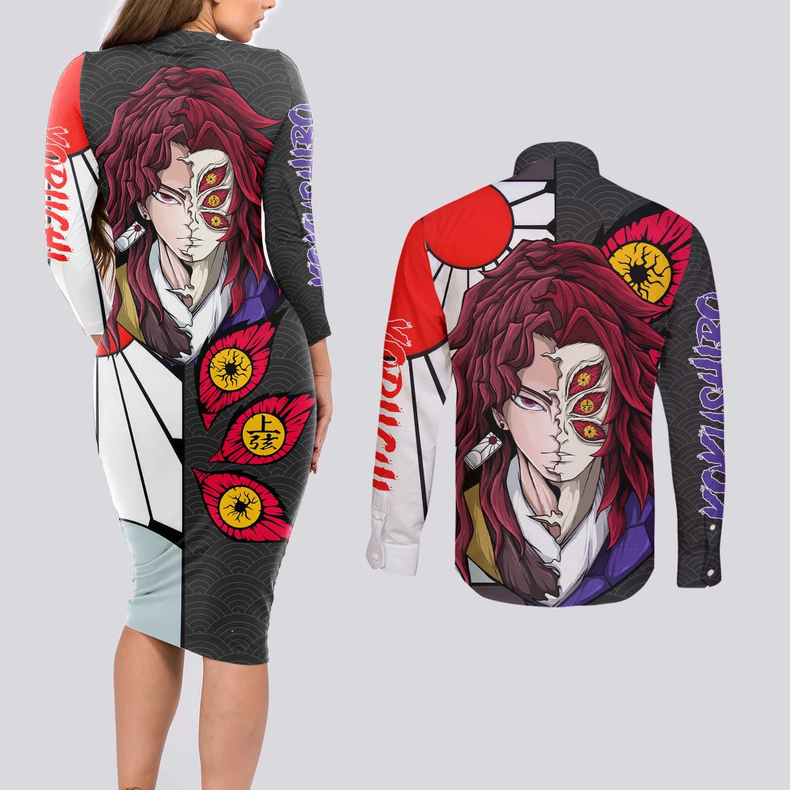 Kokushibo And Yoriichi - Demon Slayer Couples Matching Long Sleeve Bodycon Dress and Long Sleeve Button Shirt Anime Style