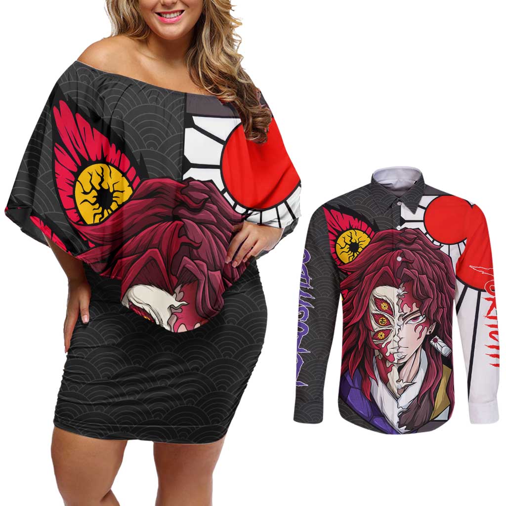 Kokushibo And Yoriichi - Demon Slayer Couples Matching Off Shoulder Short Dress and Long Sleeve Button Shirt Anime Style